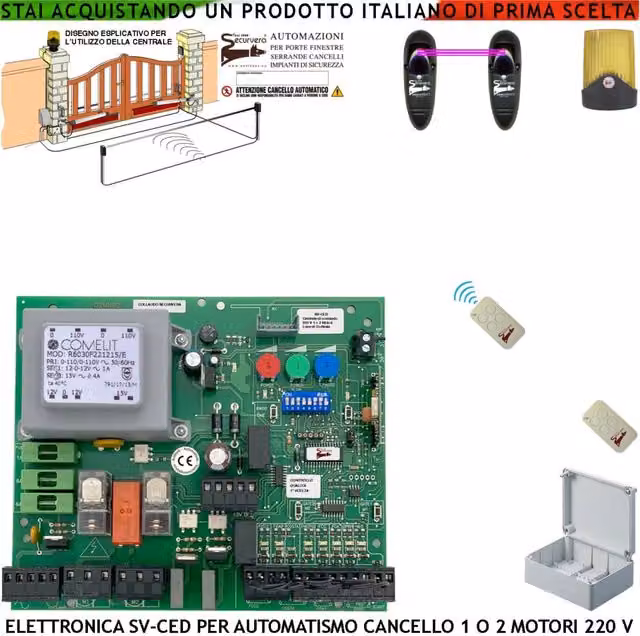 Quadro per cancello elettrico a 2 ante Securvera 220 V con 2 radiocomandi e fotocellula, funzioni regolabili e fine corsa