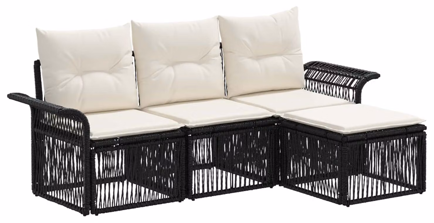 Set di divani da giardino, 4 pezzi, colore nero, in rattan sintetico
