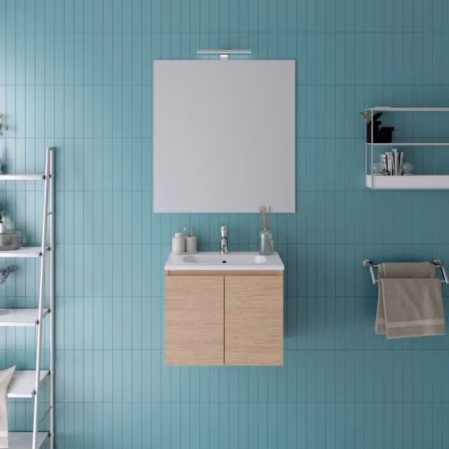 Mobile da bagno sospeso Rata in rovere con lavabo e specchio con illuminazione LED, Larghezza: 60 cm, Altezza: 70 cm