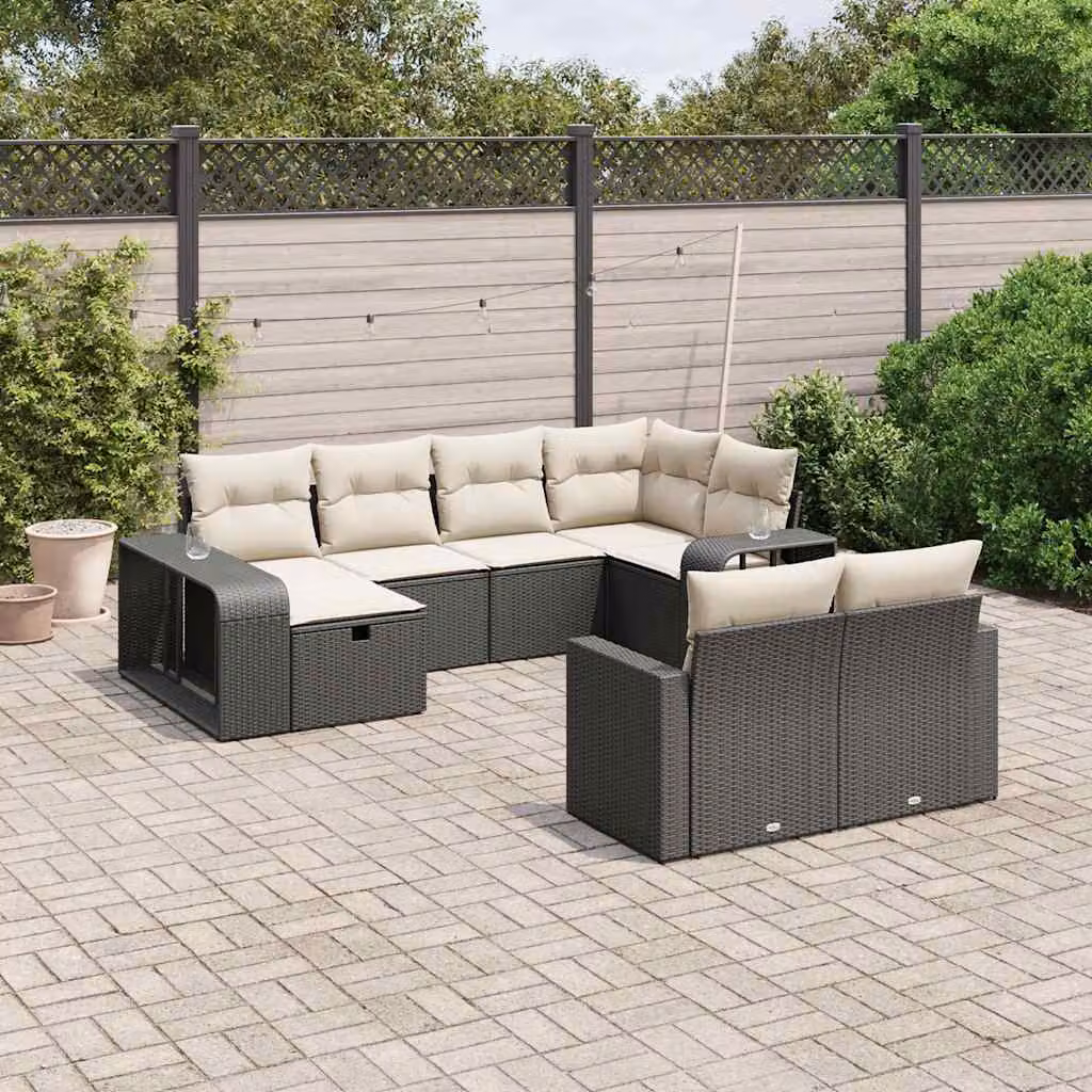 Set di divani da giardino vidaXL a forma di U con 10 pezzi, struttura in metallo e polyrattan nero con cuscini bianchi rimovibili – 1