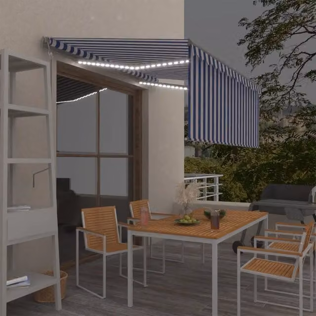 Tenda Automatica Parasole LED Sensore Vento 3x2,5m Blu e Bianco 3069391