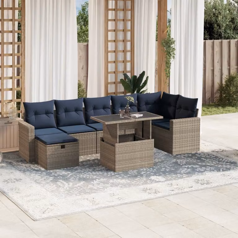 Set Divani da Giardino vidaXL 8 Pezzi in Polyrattan Grigio con Cuscini e Tavolino da Esterno