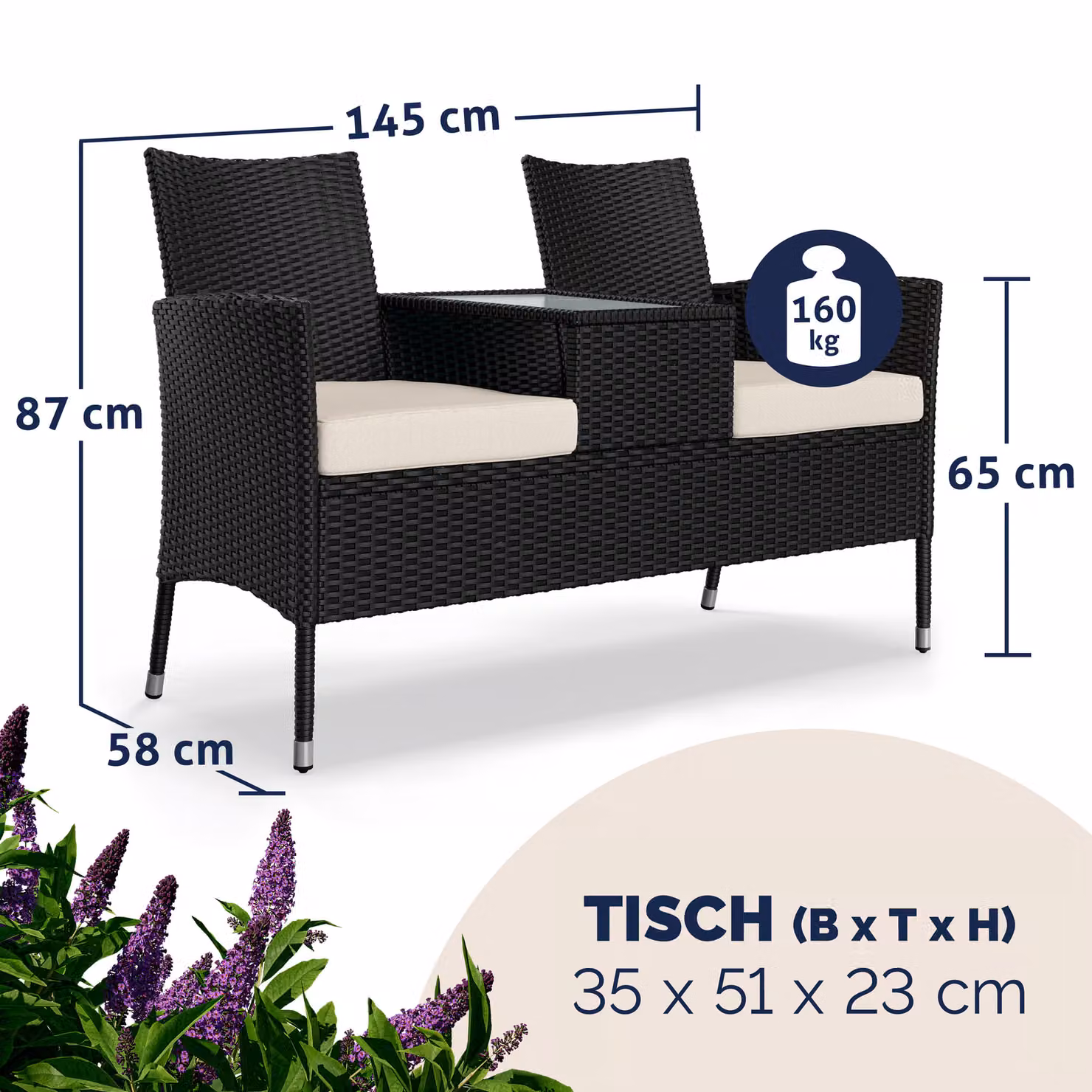 Panca da giardino a 2 posti Kino CASARIA nera in rattan con braccioli L: 145 cm, P: 58 cm, H: 87 cm – 2