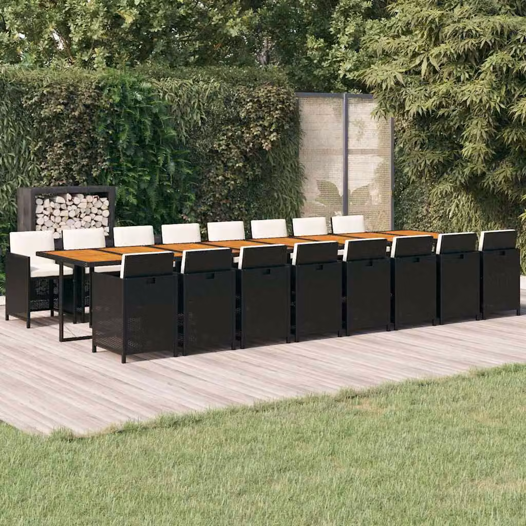 Set da pranzo da giardino vidaXL in polyrattan e legno di acacia con 17 pezzi e cuscini, colore nero e bianco