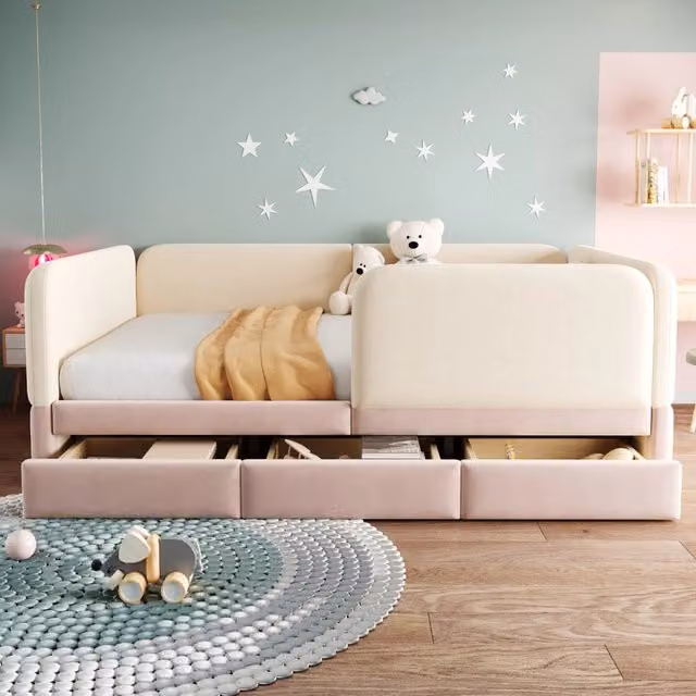 Letto per bambini OKWISH in velluto con 3 cassetti, beige e rosa, L/P/H: 140 x 200 x 67 cm