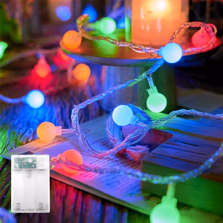 Catena luminosa a LED, 40 sfere colorate, 6 metri, alimentata a batteria, con funzione lampeggiante