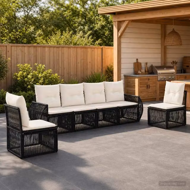 Set Divano da Giardino 6 pz Nero e Bianco Crema polyrattan 3435379