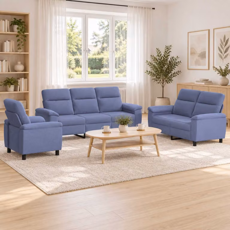 Set di 3 divani moderni vidaXL in tessuto blu con struttura in metallo per il tuo soggiorno