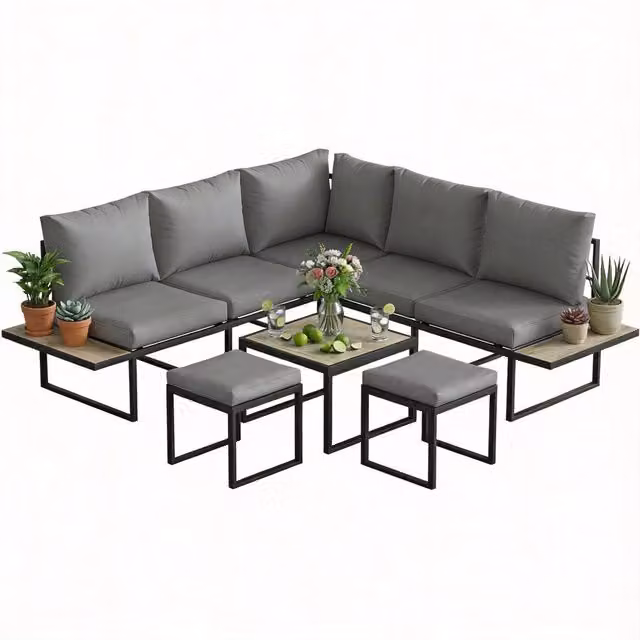 Set da giardino modulare a L con tavolo e 6 posti, divano con cuscini grigi e struttura in metallo e legno