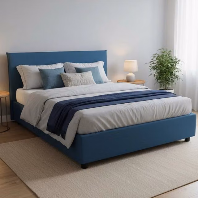 Letto matrimoniale contenitore Alvacus di Talamo Italia con rivestimento in tessuto blu, adatto per materasso 140x200 cm