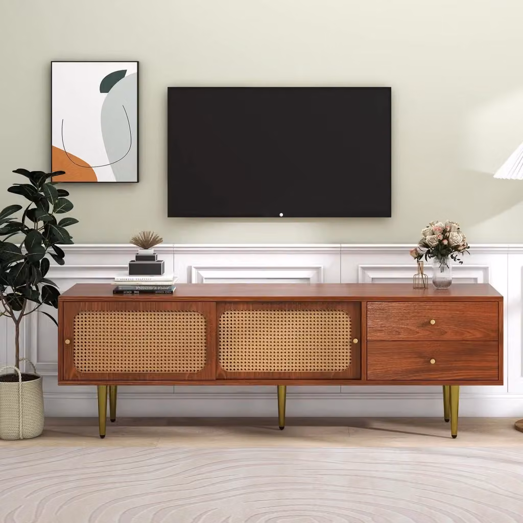 Mobile TV moderno REDOM in noce con 2 ante scorrevoli in rattan e 2 cassetti L/P/H: 160 x 40 x 60 cm – 2