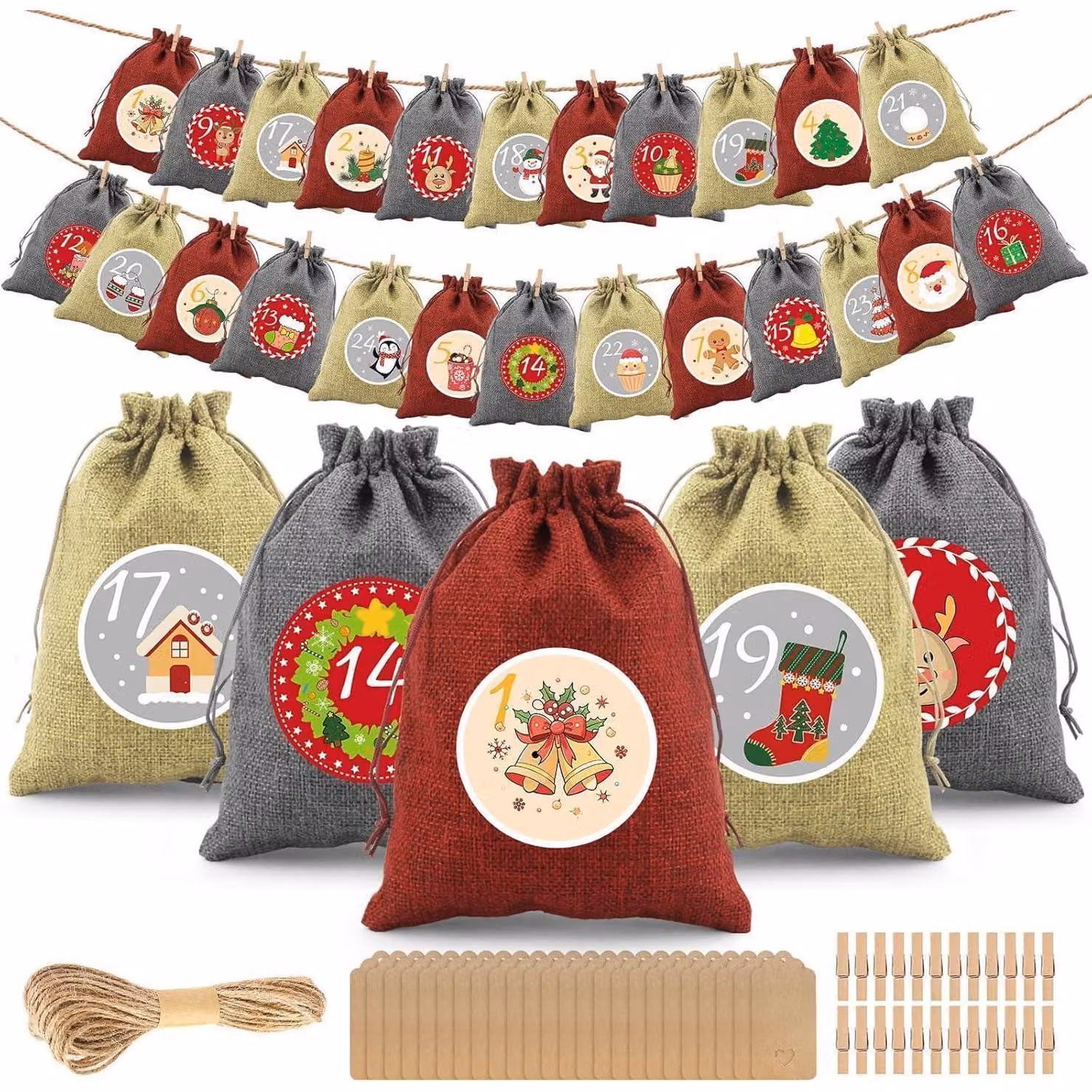Calendario dell'Avvento da riempire, per il 2026. Include 24 sacchetti di iuta, dimensioni 18x13 cm, nei colori rosso, beige e grigio