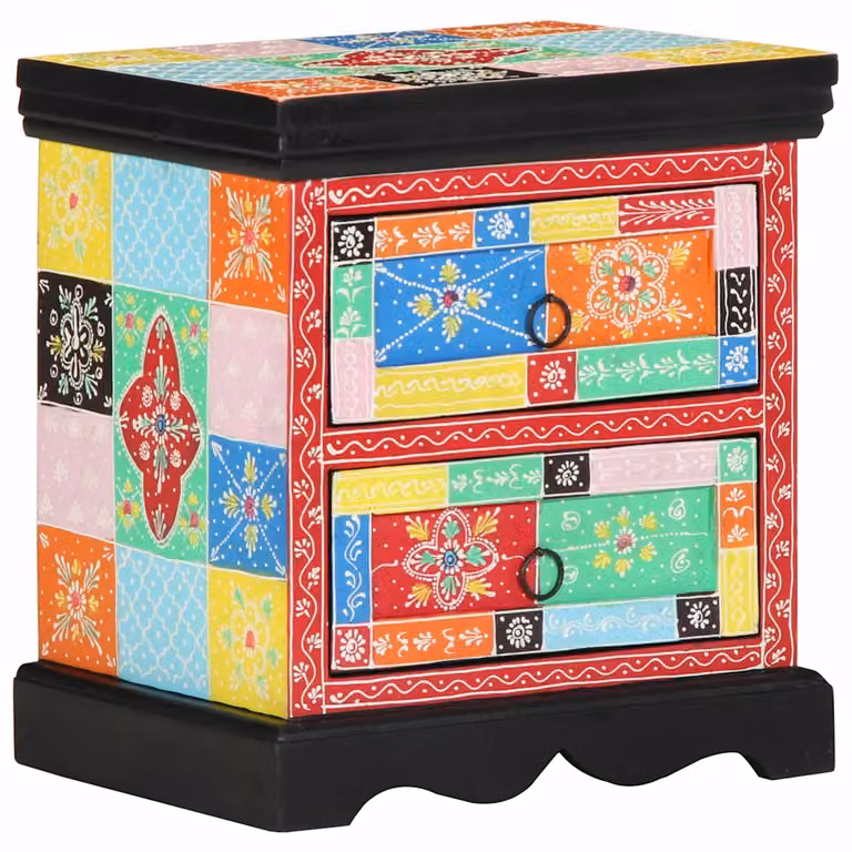 vidaXL Armadio da Notte in Legno di Mango con Cassetto e Decorazione Floreale Multicolore L 40 cm, P 35 cm, H 45 cm