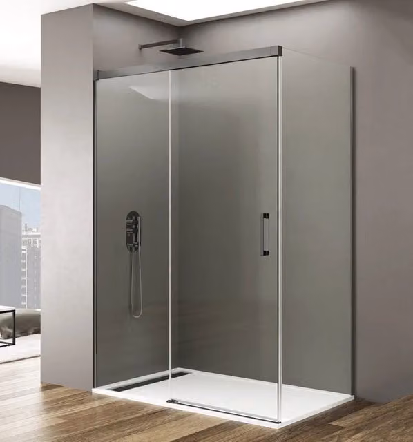 Box doccia angolare BASI BASIC con elemento scorrevole e pannelli fissi, vetro trasparente, colore titanio, L: 150 cm, P: 70 cm