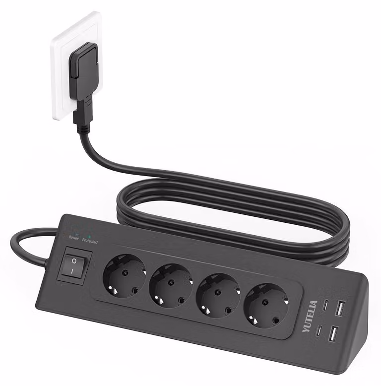 Ciabatta angolare con 4 prese USB (2 USB-C), ciabatta a 4 prese con interruttore, colore nero
