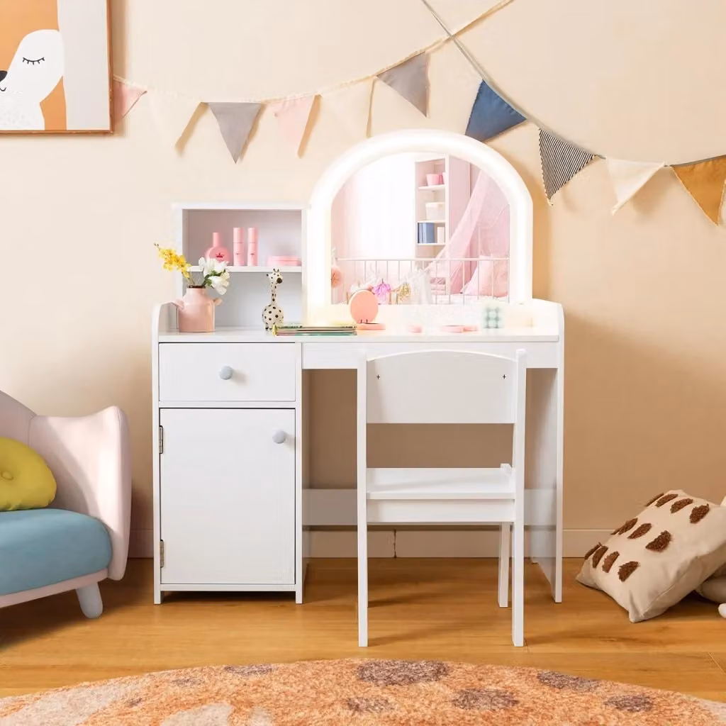 Toeletta Trucco 2 in 1 per Bambina COSTWAY in Legno Bianco con Luci LED, Mensole e Cassetto, L: 80 cm, P: 40 cm, H: 94 cm – 2