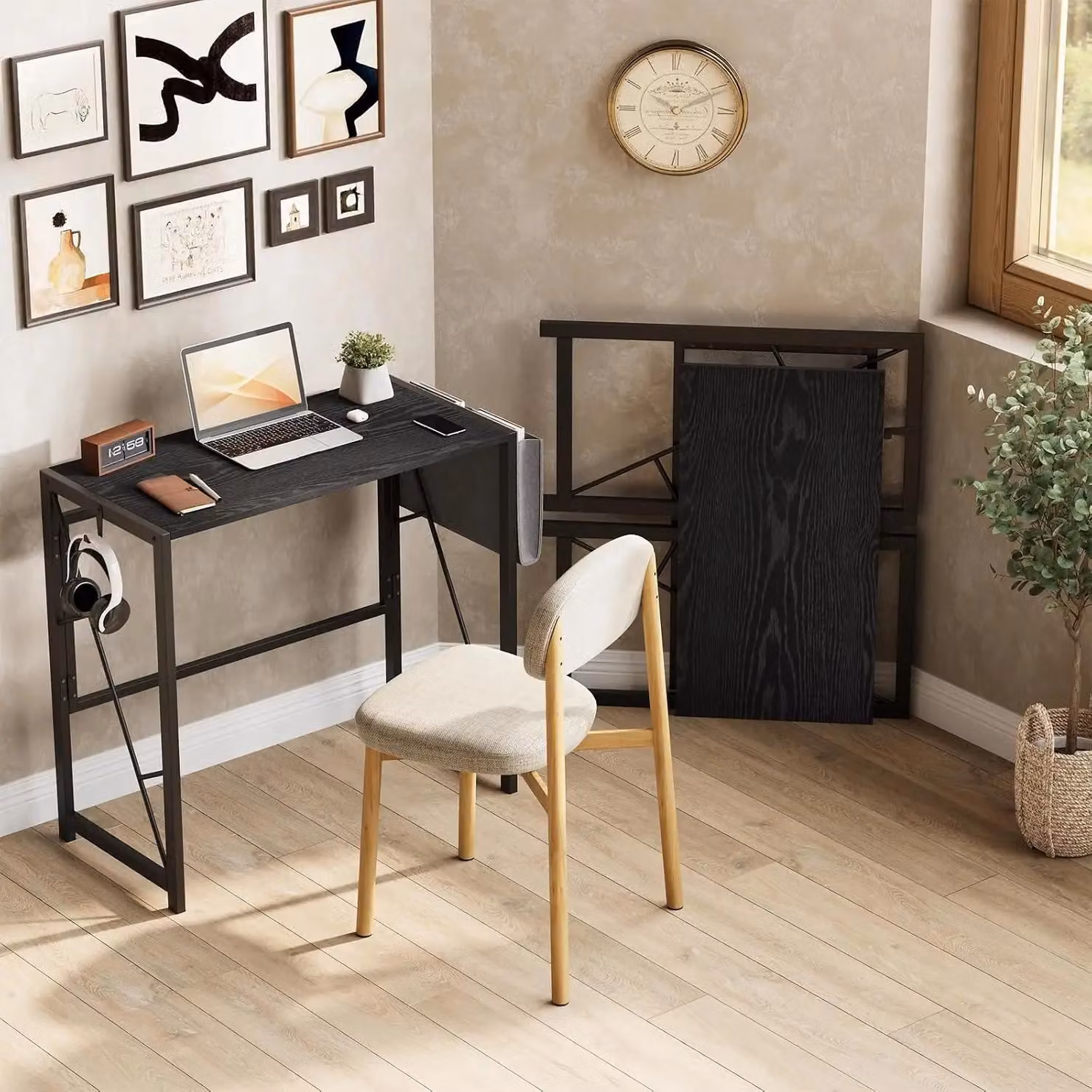 Scrivania pieghevole per computer - 100 × 48 × 72 cm - Con tasca laterale e ganci - Struttura in plastica - Salvaspazio - Montaggio semplice - Colore: nero