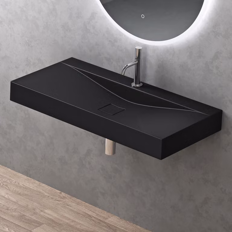 doporro Lavabo da Appoggio o Sospeso Rettangolare 100 cm in Marmoresina Nero Opaco, Lavandino Bagno con Foro per Rubinetto Colossum810