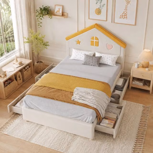 Letto a casetta Mivray per bambini in velluto beige con 4 cassetti e testiera decorata L/P/H: 200 x 140 x 126,5 cm