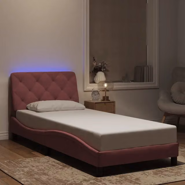 Letto singolo vidaXL in velluto rosa con illuminazione LED sottostante e porta di ricarica USB, dimensioni 90x190 cm
