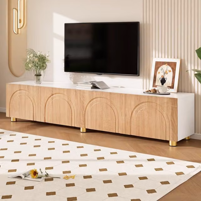 Mobile TV Mivray a 4 ante con rilievo ad arco in MDF e pannello truciolare, colore bianco e beige, L/P/H: 180 x 35 x 40 cm