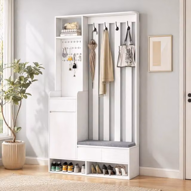Mobile ingresso REDOM con pannello forato, panca imbottita e porta scarpe, Bianco, L: 180 cm, P: 100 cm, H: 35 cm