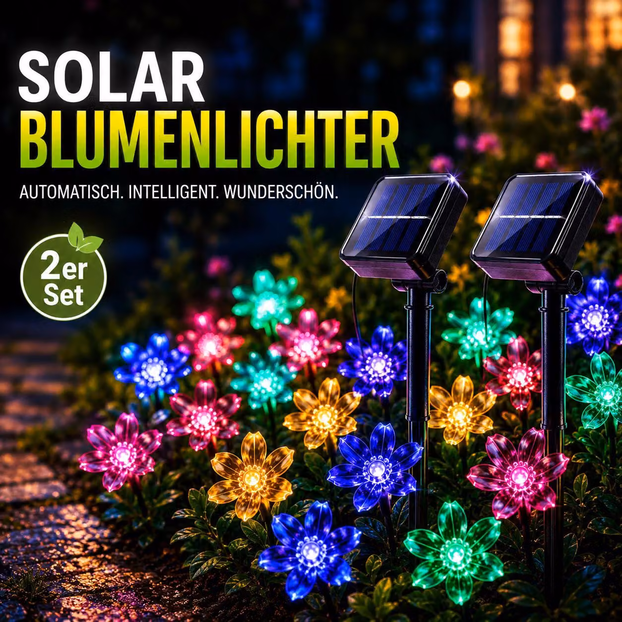 2 set di lucine solari colorate, luci LED solari a forma di fiore, 5 metri, E0267