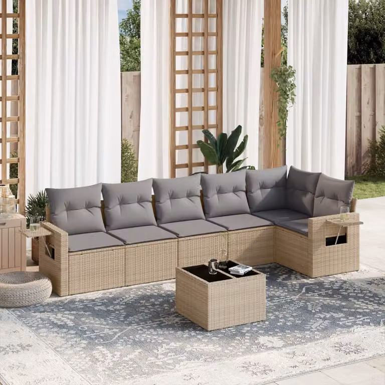 vidaXL Set Divani da Giardino 7 pz in Polyrattan con Cuscini Beige e Grigio per Terrazza e Giardino