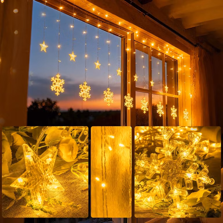 Tenda luminosa con fiocchi di neve e stelle, 150 LED, 2,3 metri, con 8 modalità