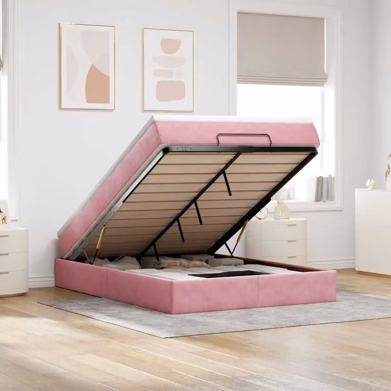 vidaXL Struttura Letto con Materasso e Base a Sollevamento in Velluto Rosa e Bianco, L/P/H: 140 x 190 x 28 cm