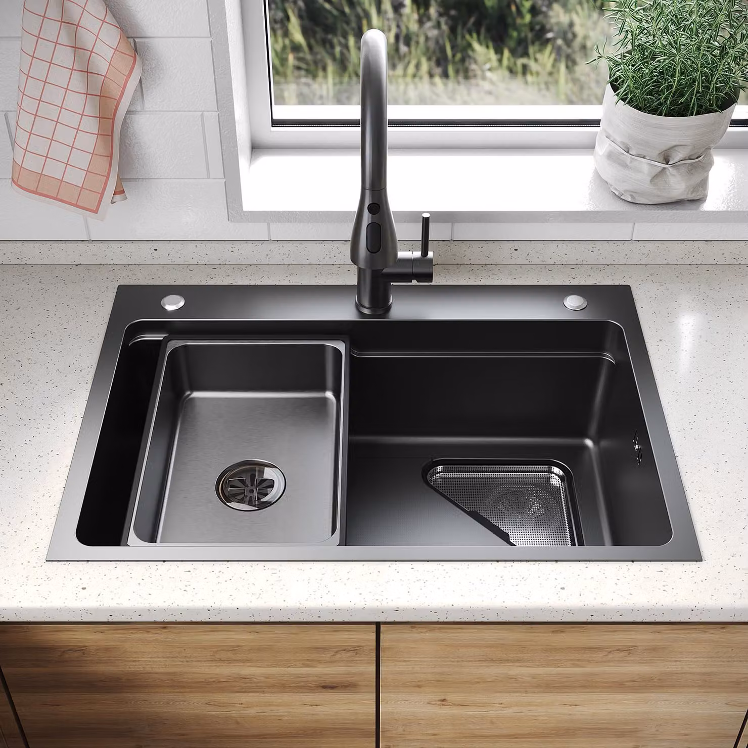 SONNI - Lavello quadrato con ampio piano di appoggio, 70 x 48 x 24 cm, nero, con griglia triangolare, scolapiatti e rubinetto