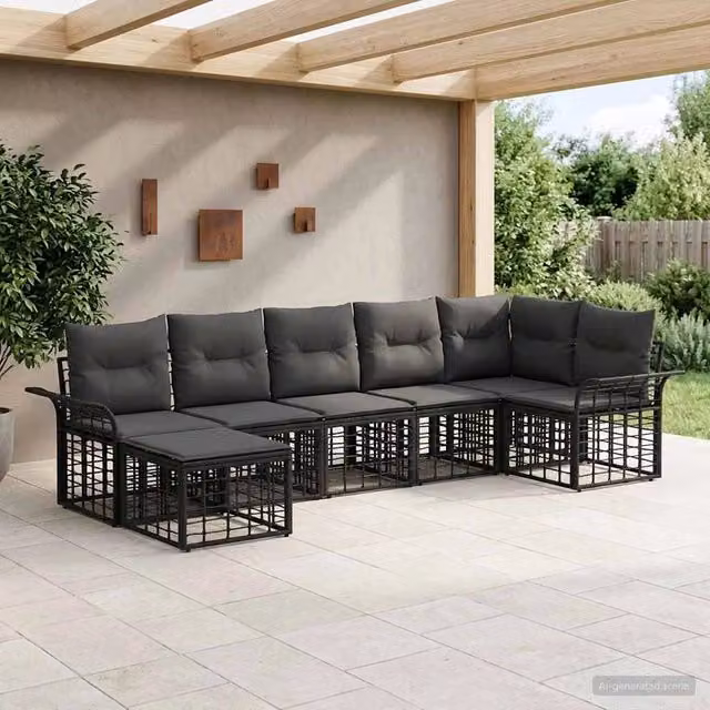 Set di divani da esterno 7 pz Nero e Grigio scuro Poliestere 3437737
