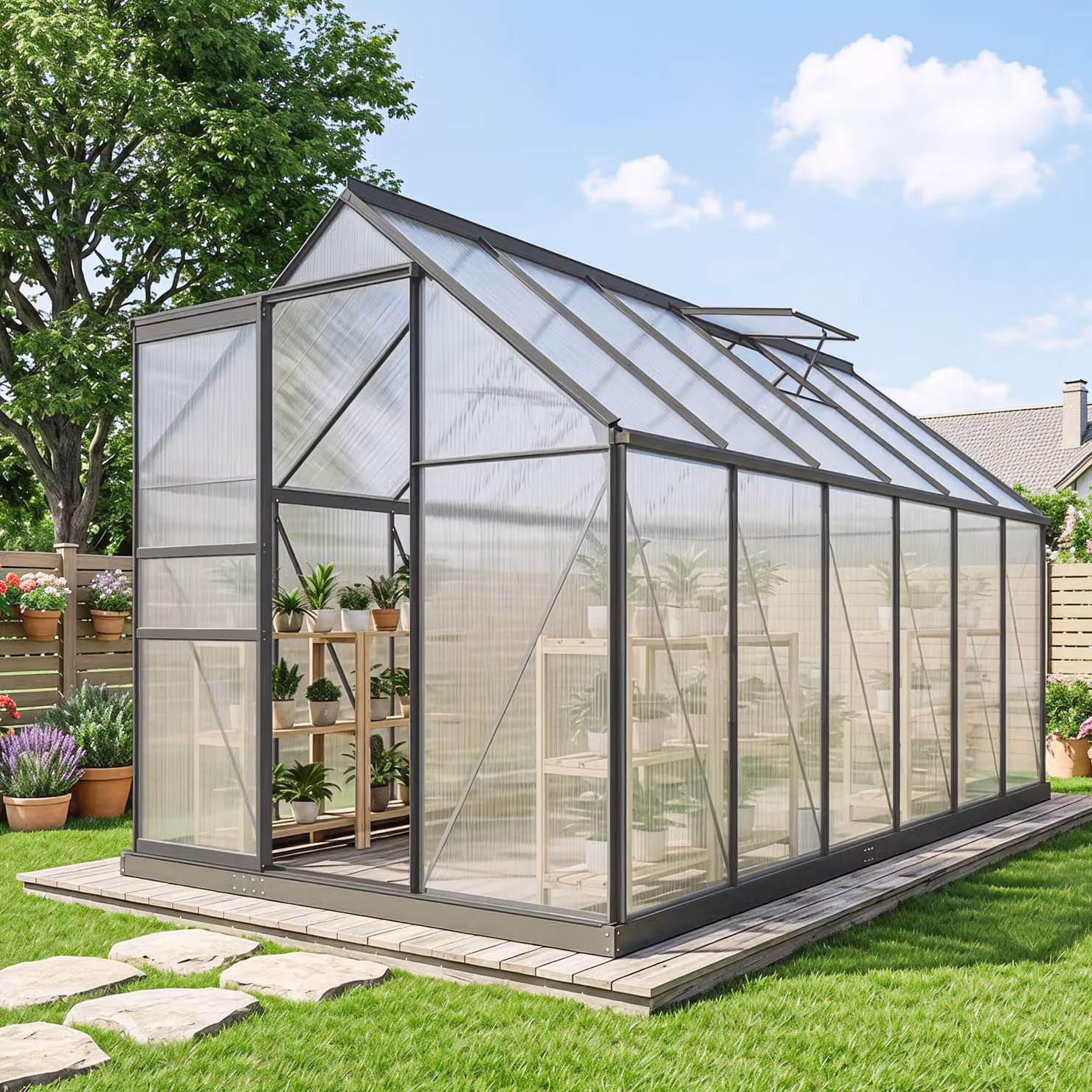Serra da giardino Outsunny in policarbonato trasparente con telaio in lega di alluminio grigio, superficie di 7.1 m2, dotata di grondaie, finestre apribili regolabili e porta scorrevole – 2
