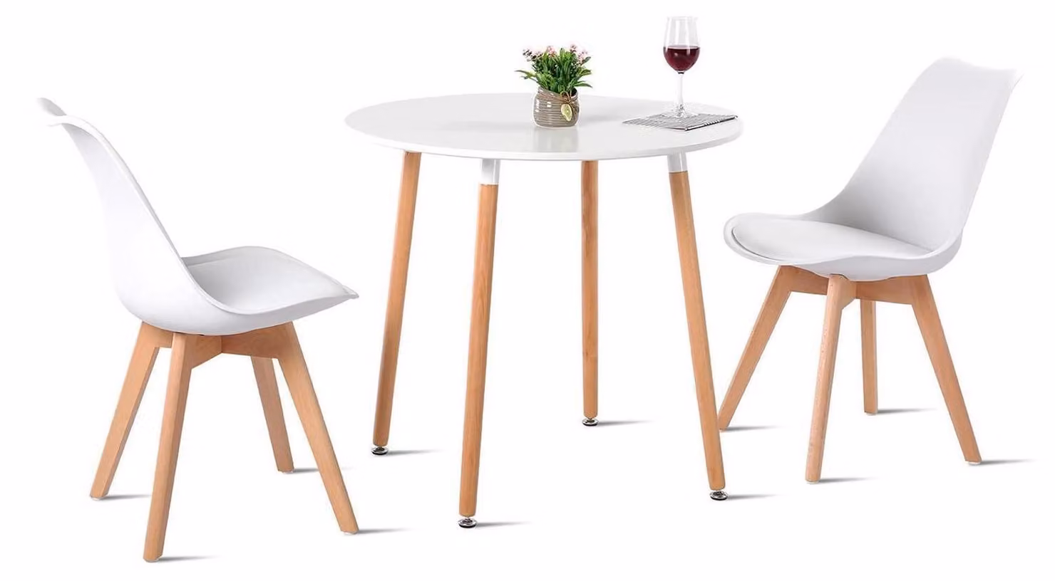 Tavolo rotondo in legno bianco con 2 sedie, diametro 80 cm