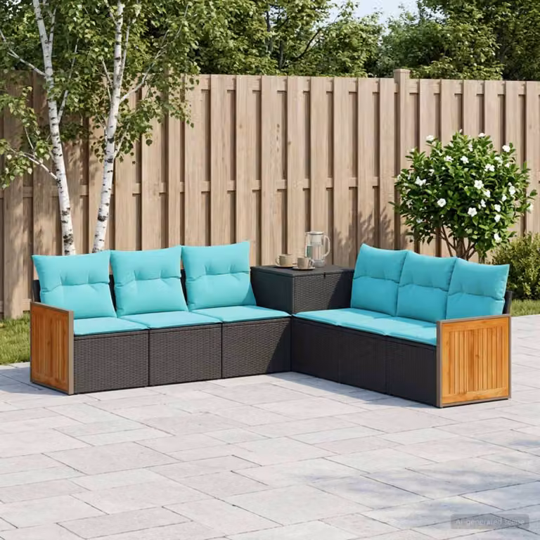 Set di divani da giardino vidaXL in rattan e acciaio con cuscini, nero e blu turchese