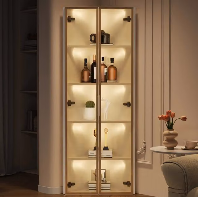 Vetrina angolare con LED 62 x 35 x 160 cm in MDF; vetro temperato e finitura bianca