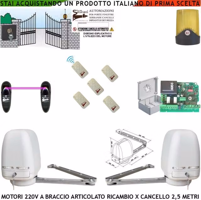 Cancello Elettrico 5 MT 2 Motori 220 V Braccio Articolato Automatismo 2 Ante Battenti da 0,5 Fino a 2,5 Metri Centrale CBR 5 Radiocomandi Fotocellule Selettore