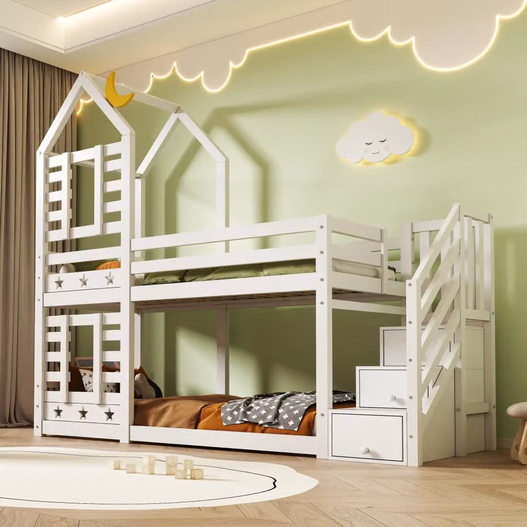 Letto a castello Chicfurn in legno bianco con scala contenitore e 2 cassetti L/P: 90 x 200 cm – 2