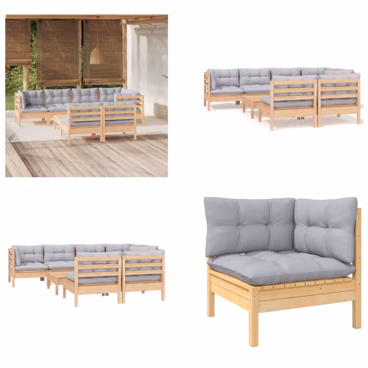 vidaXL Set salotto da giardino 8 pezzi con cuscini grigi in pino massiccio - Set salotto da giardino - Set salotto da giardino - Set mobili da giardino - Set mobili da giardino