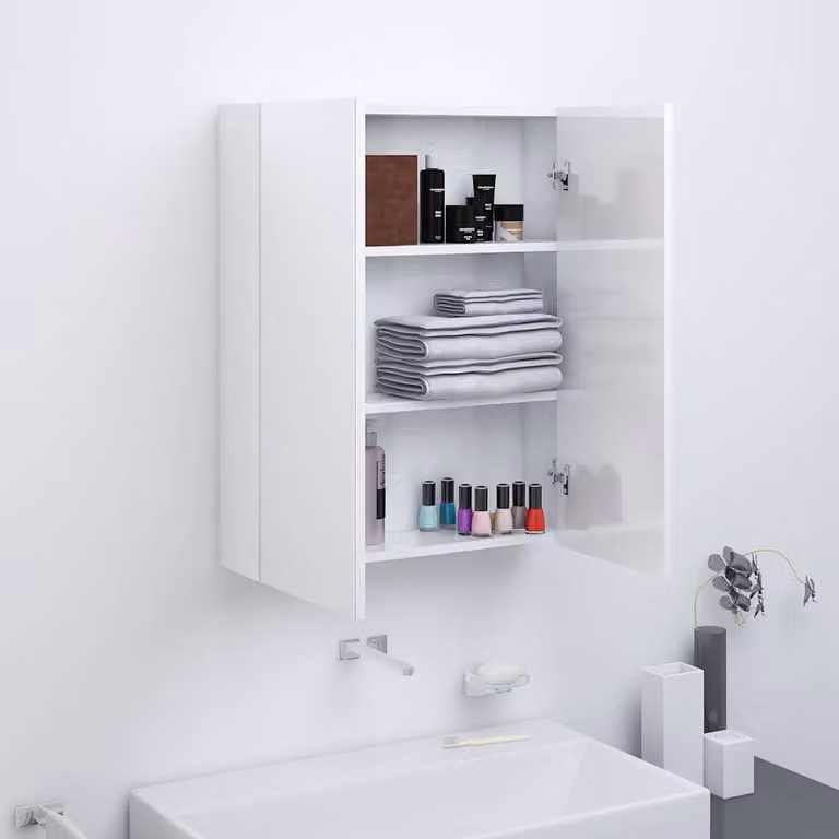Armadietto a specchio da bagno vidaXL moderno in MDF bianco lucido con ante in vetro, L: 60 cm, P: 15 cm, H: 75 cm