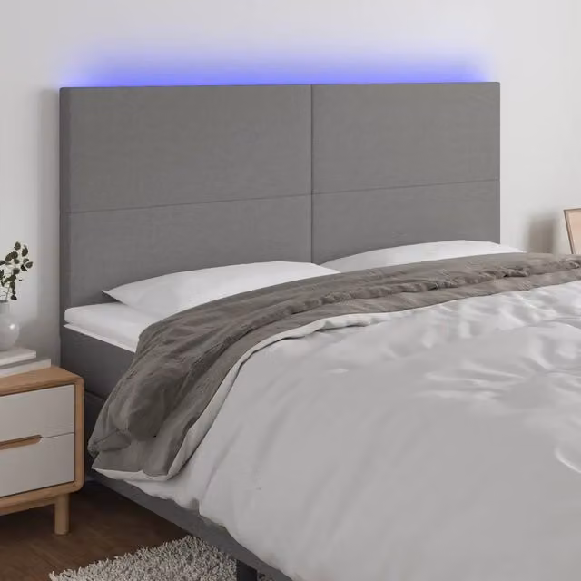 Testiera con LED Design Mania in tessuto grigio con porta USB e luce di lettura L: 200 cm, H: 118/128 cm, P: 5 cm