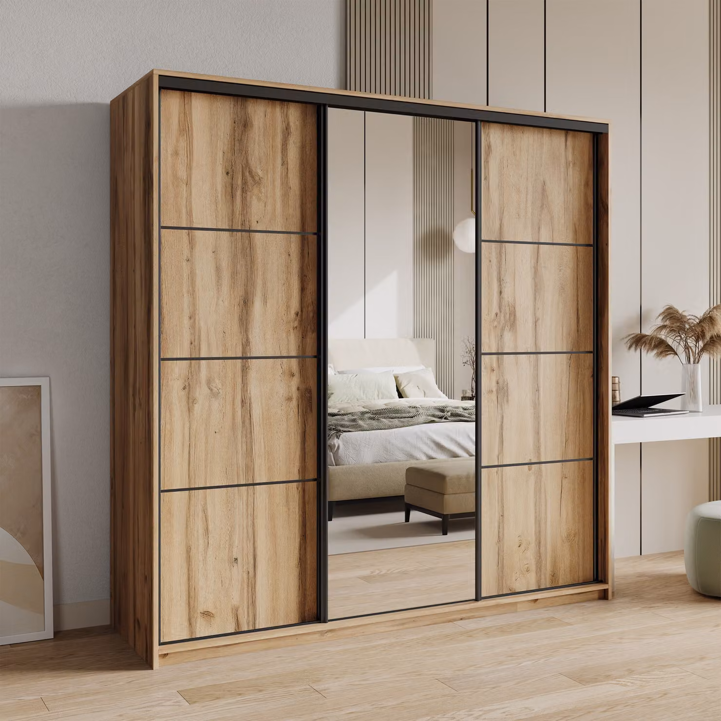 Armadio scorrevole Masseno VARO 200/205/60 cm Armadio con cassetti Armadio per camera da letto a 3 ante con specchio Rovere Wotan + Nero