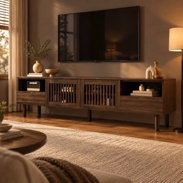 Mobile TV 180x40x51 cm in MDF color noce con 2 ante a griglia e 2 cassetti