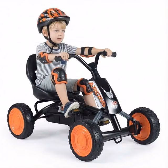 Go kart a pedali per bambini con sedile regolabile e telaio in metallo, veicolo da gioco a 4 ruote nero, portata 30 kg