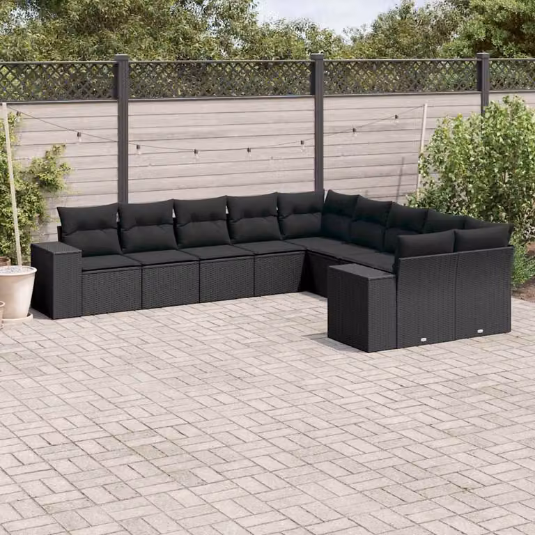 vidaXL Set Divani da Giardino 10 Pezzi in Polyrattan Nero con Cuscini Imbottiti e Rivestimenti Rimovibili