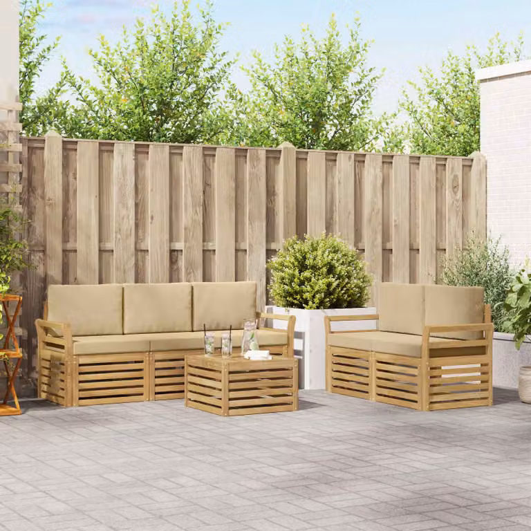 Set di divani da esterno a L vidaXL in legno di acacia con tavolino e cuscini, Bianco e Beige