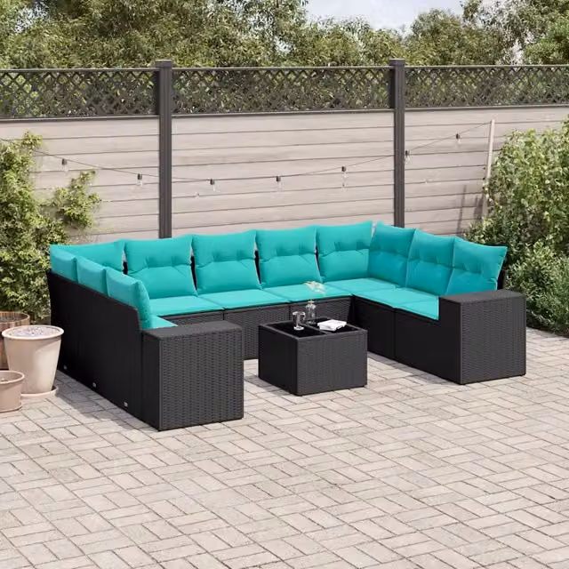 Set Divani da Giardino 10 pz con Cuscini Nero in Polyrattan 3223006