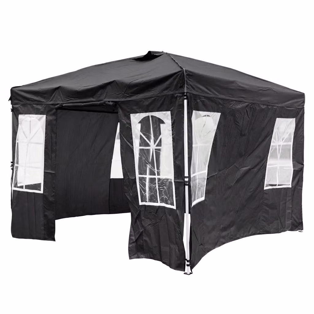 Gazebo da giardino pieghevole con struttura in metallo e 4 pareti laterali removibili, colore nero, L/P/H: 3 x 3 x 2,96 m – 2