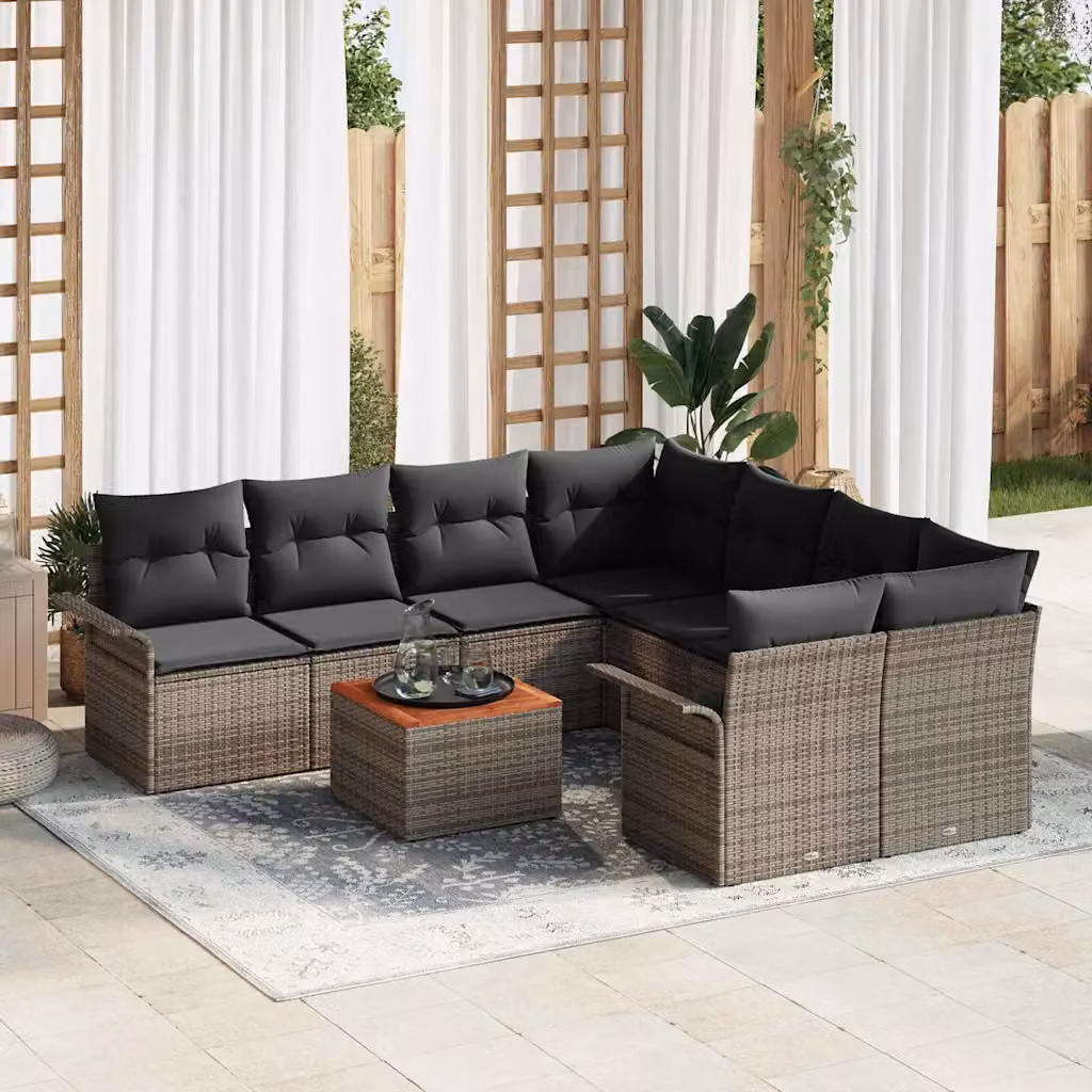 Set Divano da Giardino vidaXL 9 Pezzi a Forma di L con Tavolino, Polyrattan e Cuscini, Grigio – 1