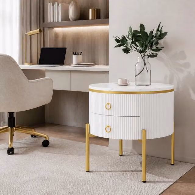 Tavolino da salotto rotondo MODFU in MDF bianco e oro con gambe regolabili e finitura lucida – 1